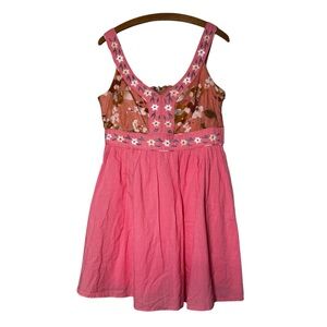 Nick & Mo Feminine Floral Embroidered Pink Lined Mini Dress 100% Cotton Size Lg